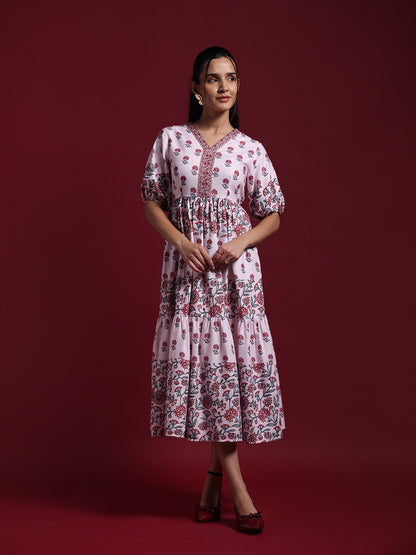 Pink Floral Printed Tiered Midi Dress