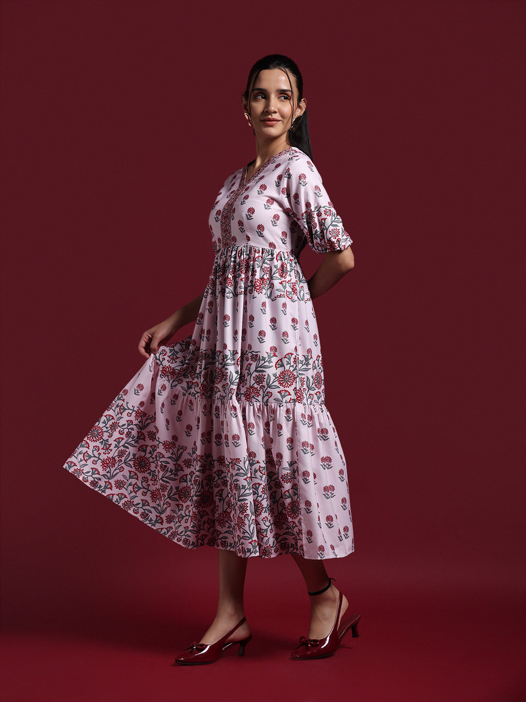 Pink Floral Printed Tiered Midi Dress