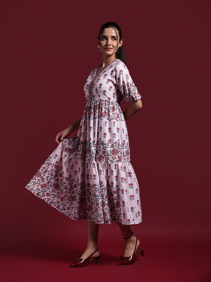 Pink Floral Printed Tiered Midi Dress