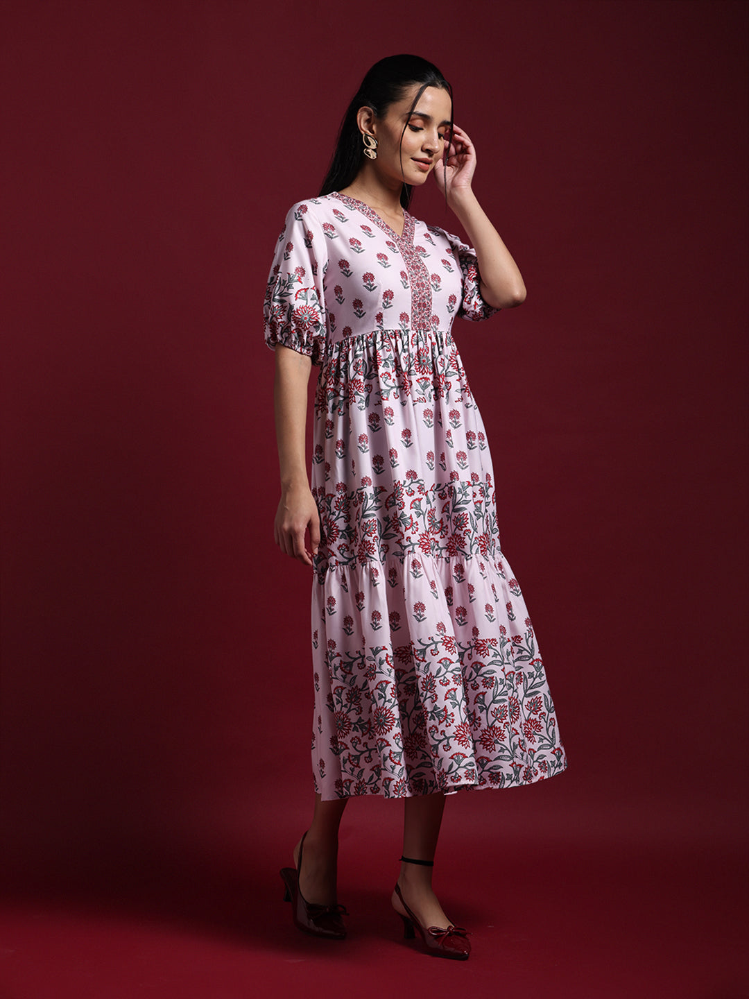 Pink Floral Printed Tiered Midi Dress