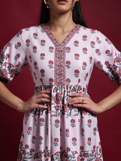 Pink Floral Printed Tiered Midi Dress
