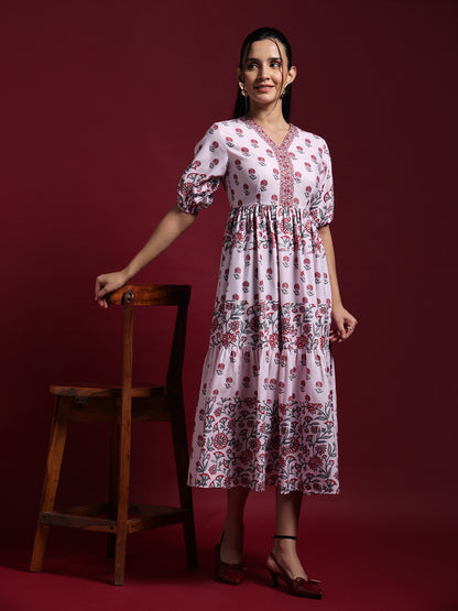 Pink Floral Printed Tiered Midi Dress