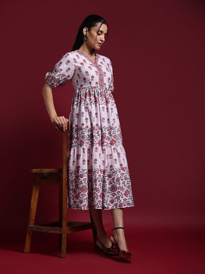 Pink Floral Printed Tiered Midi Dress