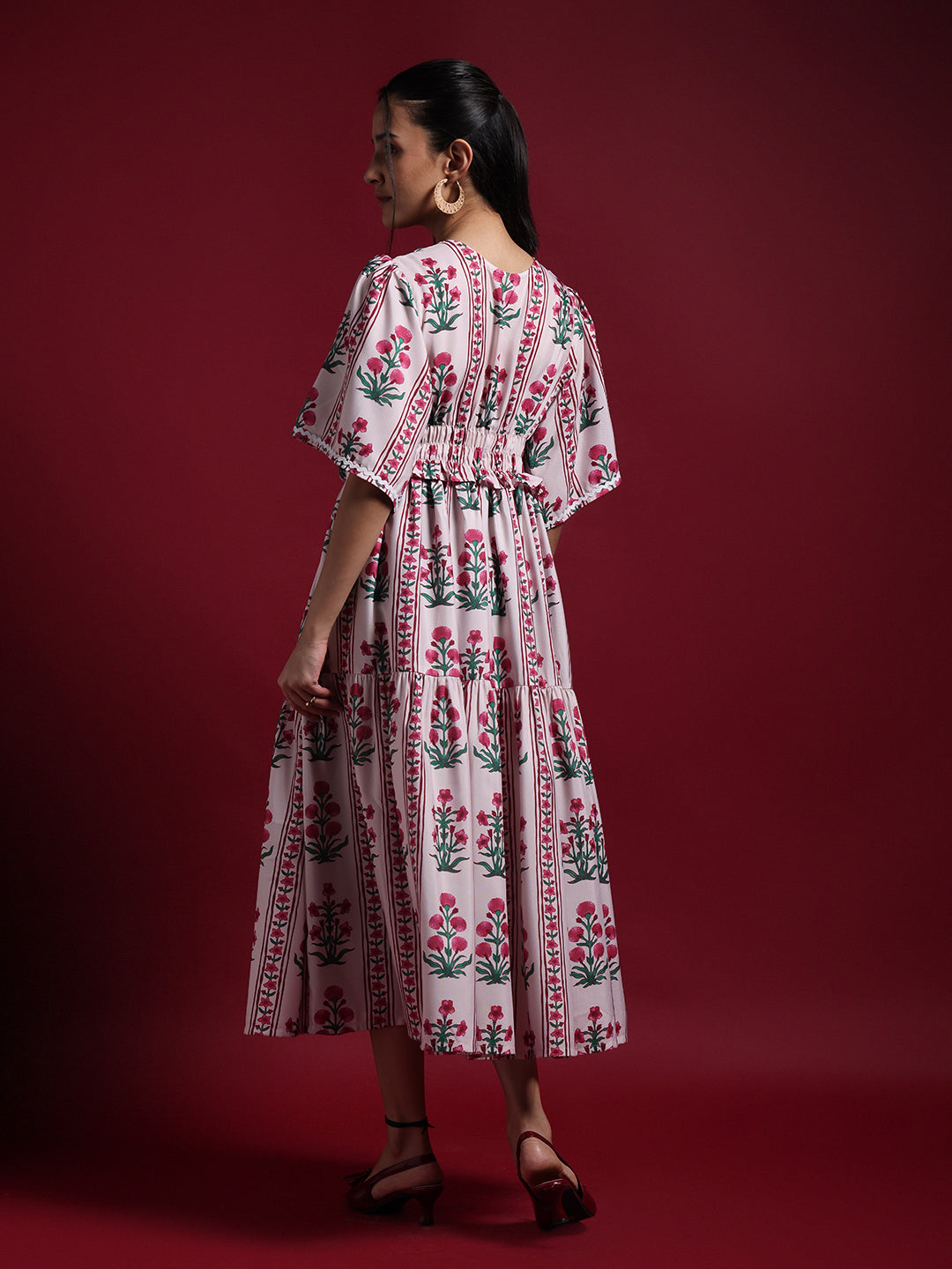 Pink Floral Printed Midi Dress