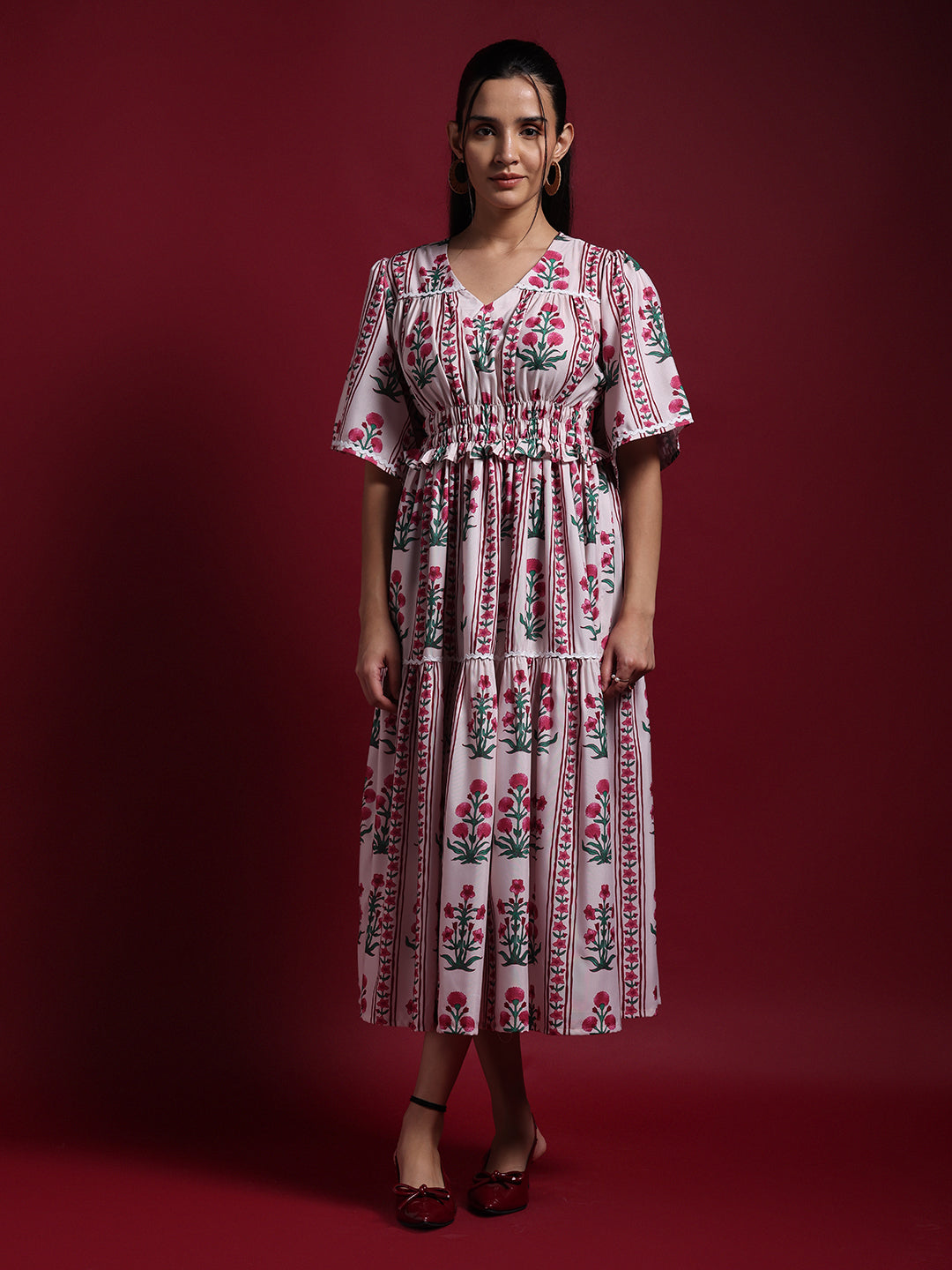 Pink Floral Printed Midi Dress