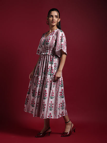 Pink Floral Printed Midi Dress