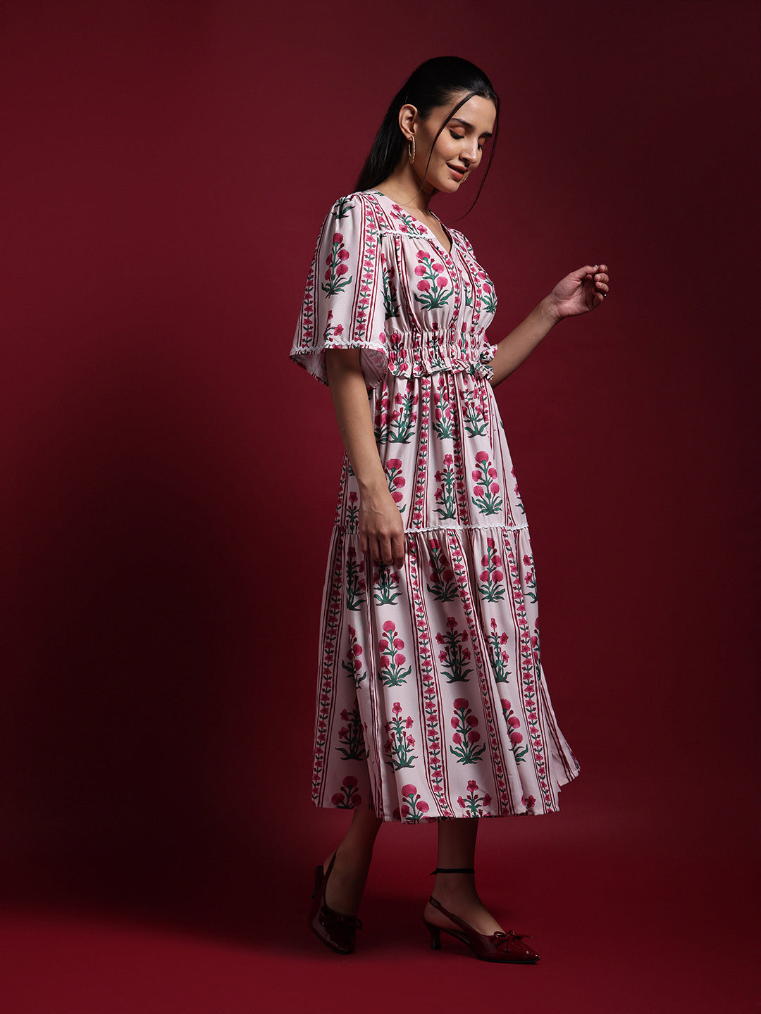 Pink Floral Printed Midi Dress