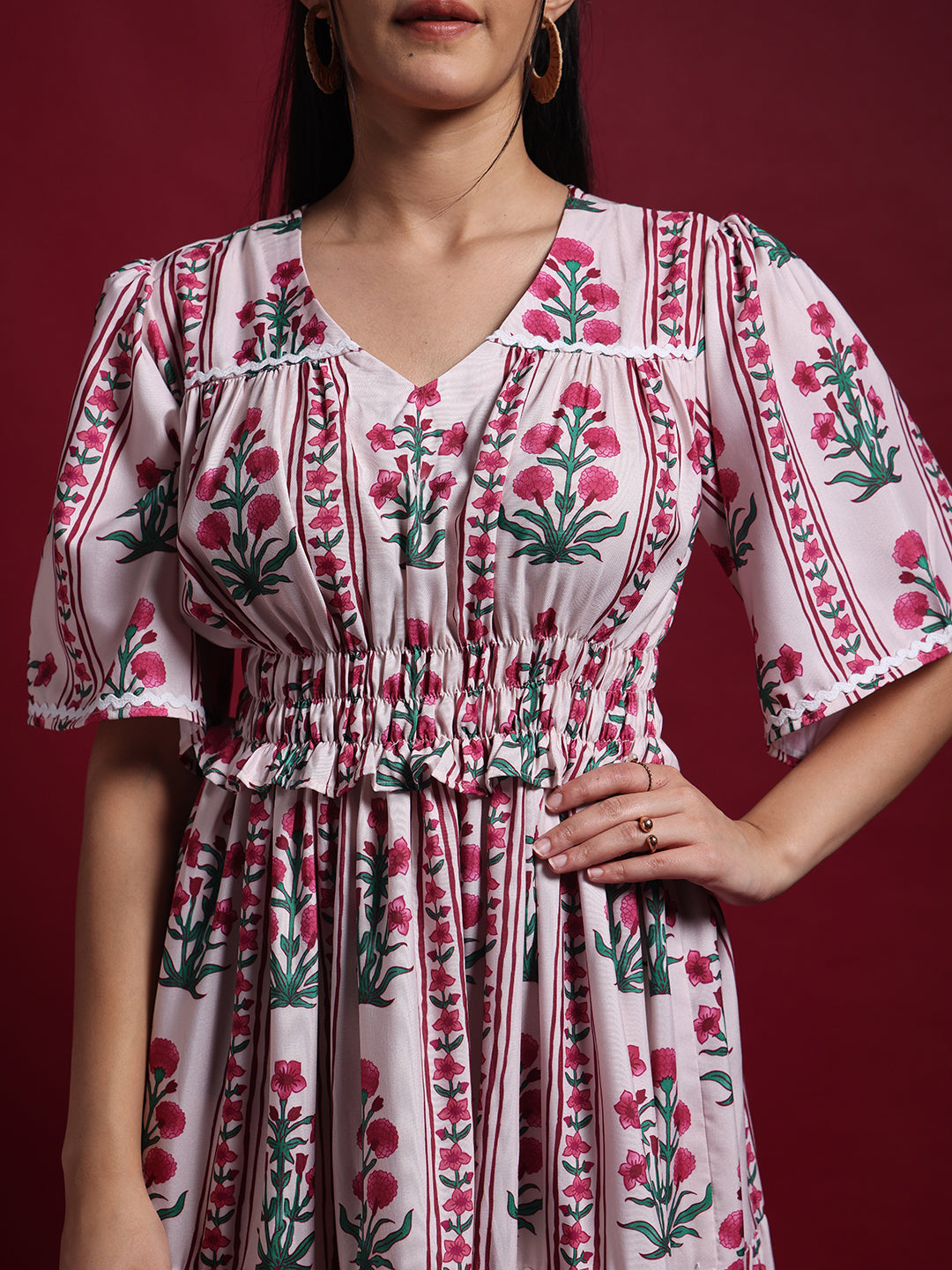 Pink Floral Printed Midi Dress
