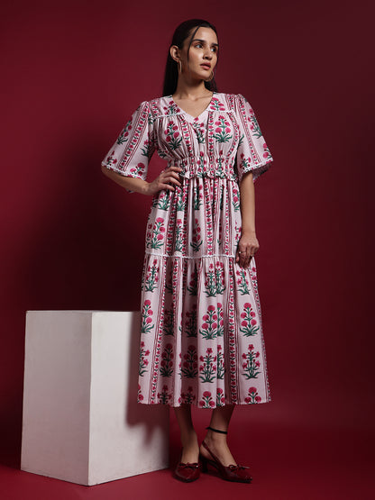 Pink Floral Printed Midi Dress
