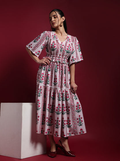 Pink Floral Printed Midi Dress