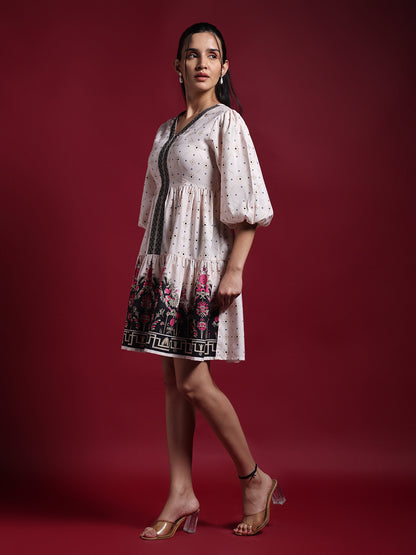 Cream & Black Printed Mini Dress
