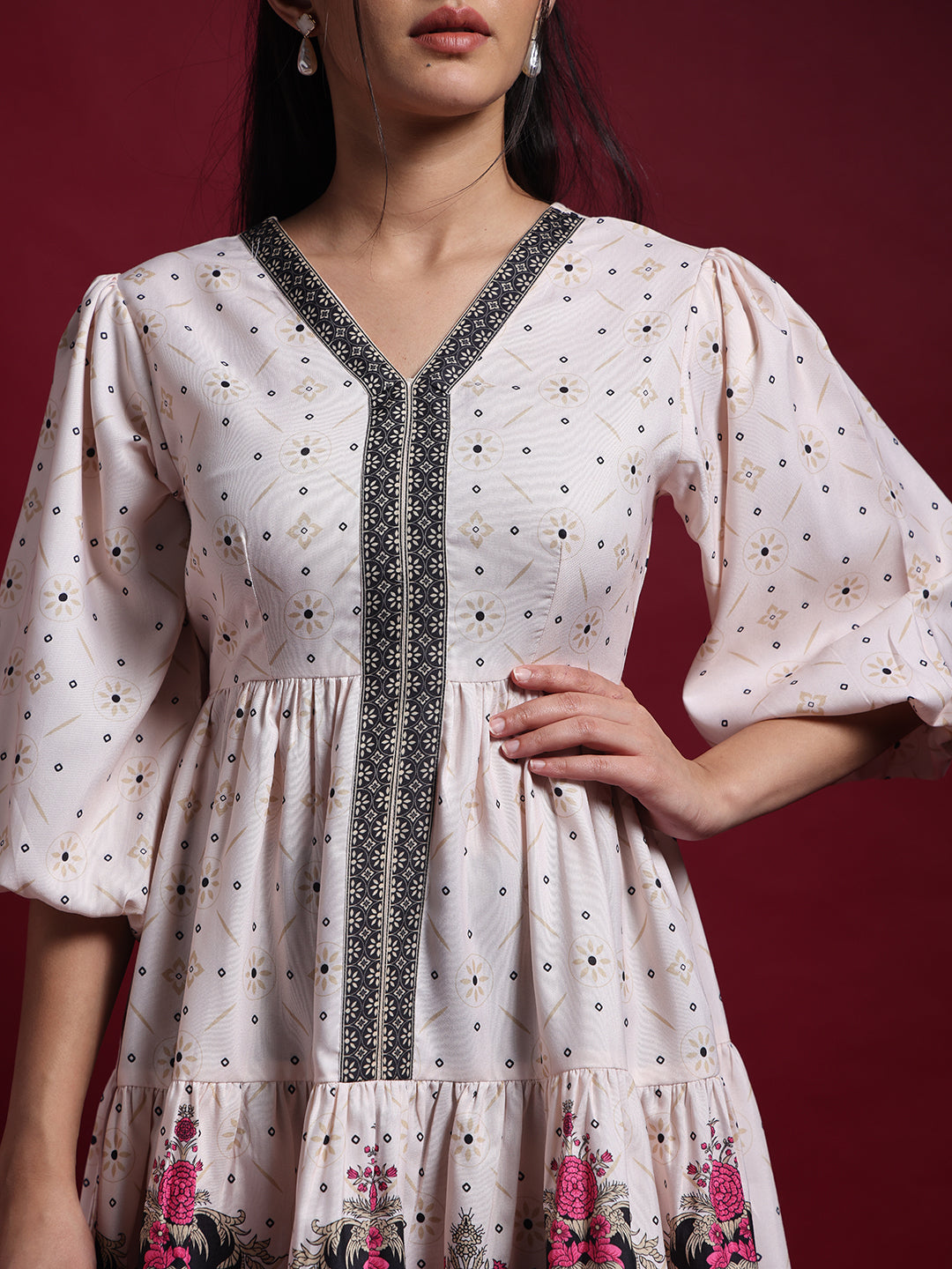 Cream & Black Printed Mini Dress