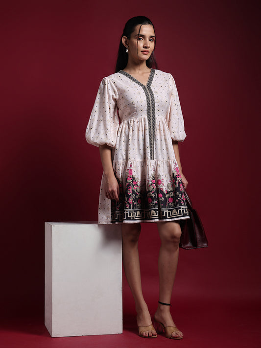 Cream & Black Printed Mini Dress