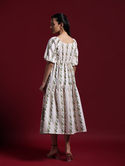 White Floral Printed Tiered Midi Dress