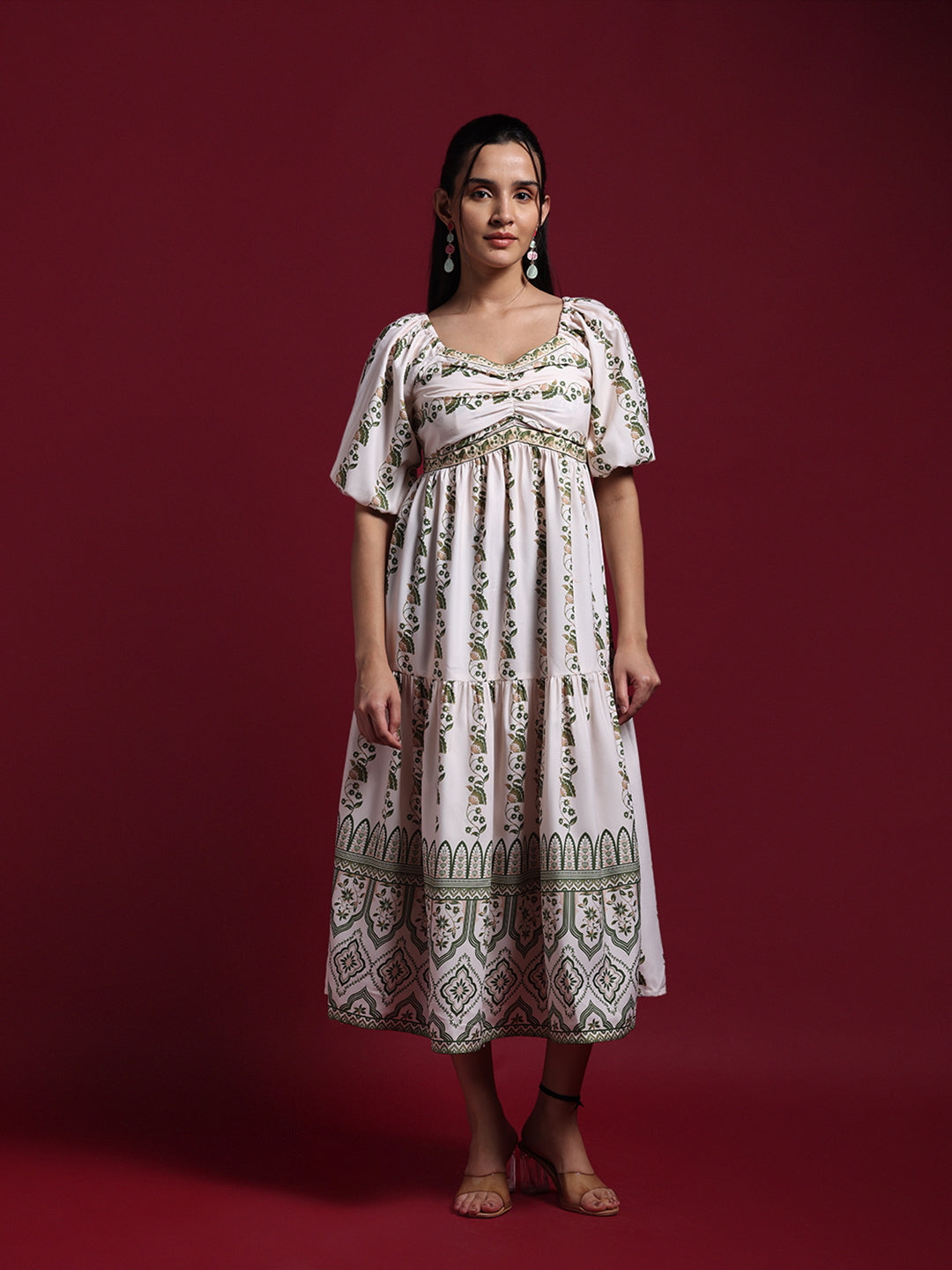 White Floral Printed Tiered Midi Dress