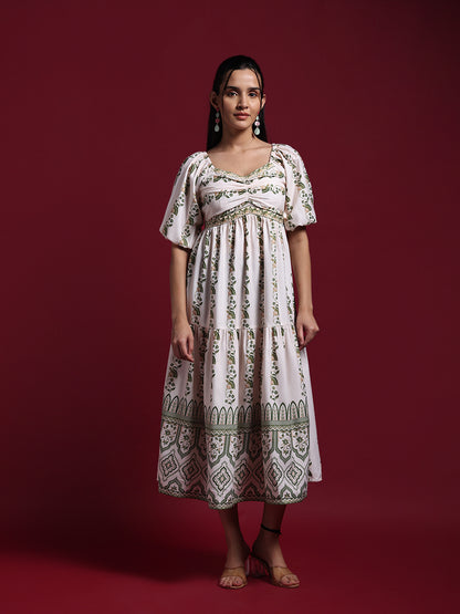 White Floral Printed Tiered Midi Dress