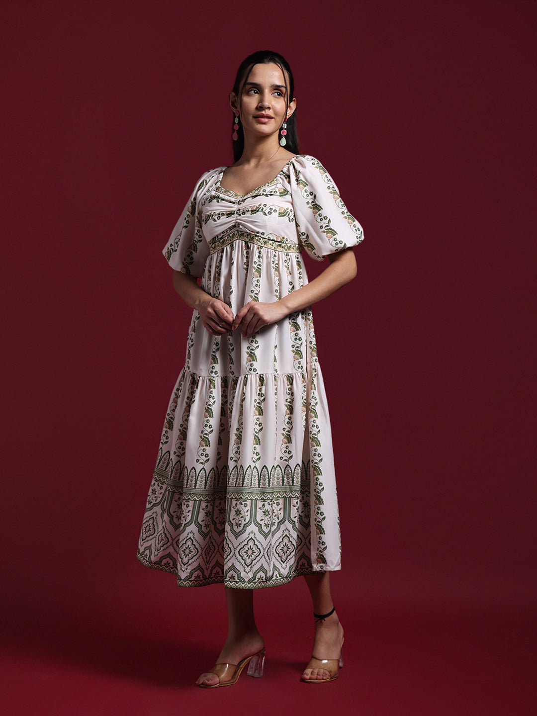 White Floral Printed Tiered Midi Dress