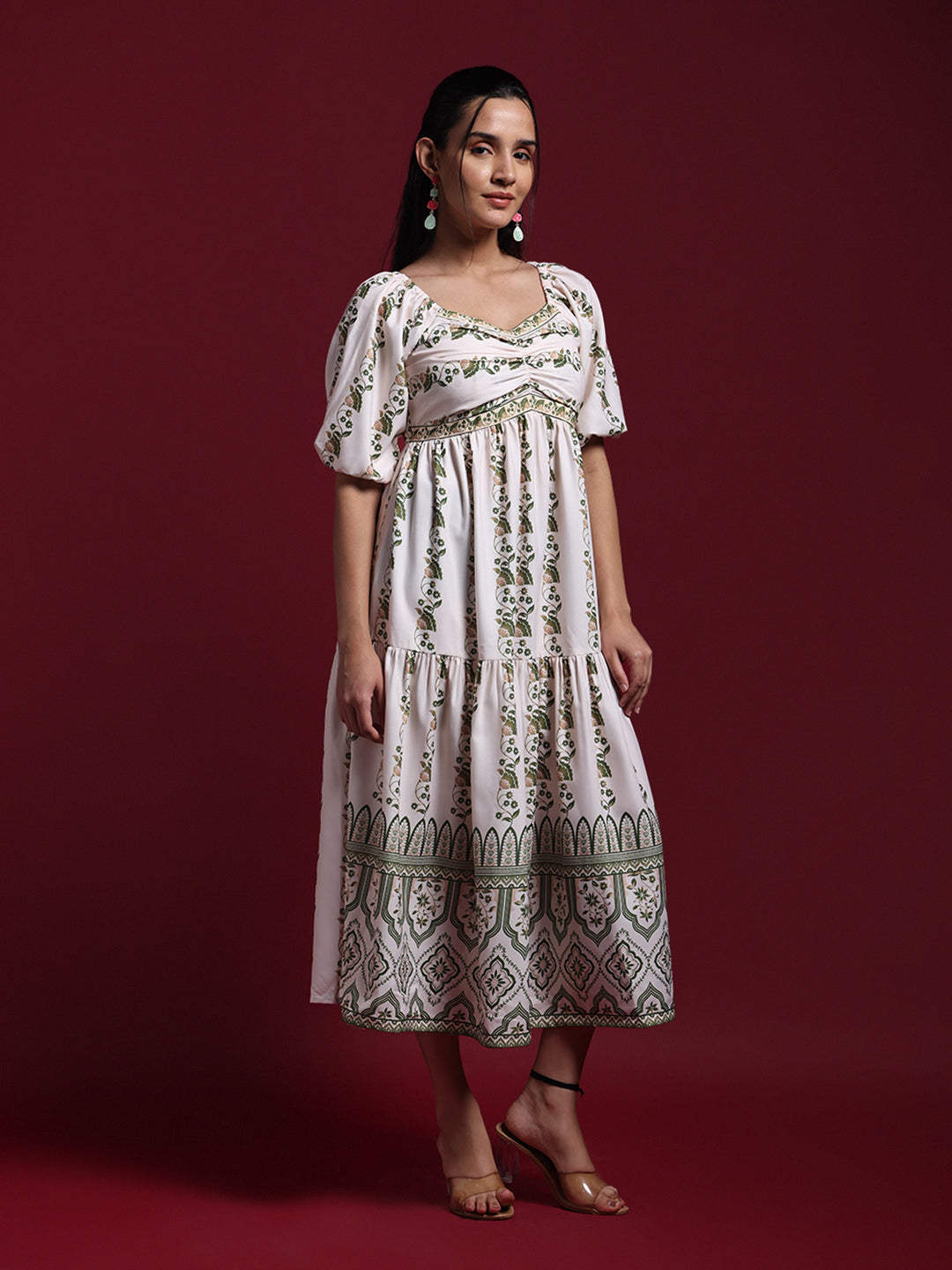 White Floral Printed Tiered Midi Dress