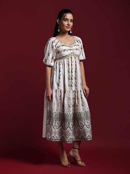 White Floral Printed Tiered Midi Dress