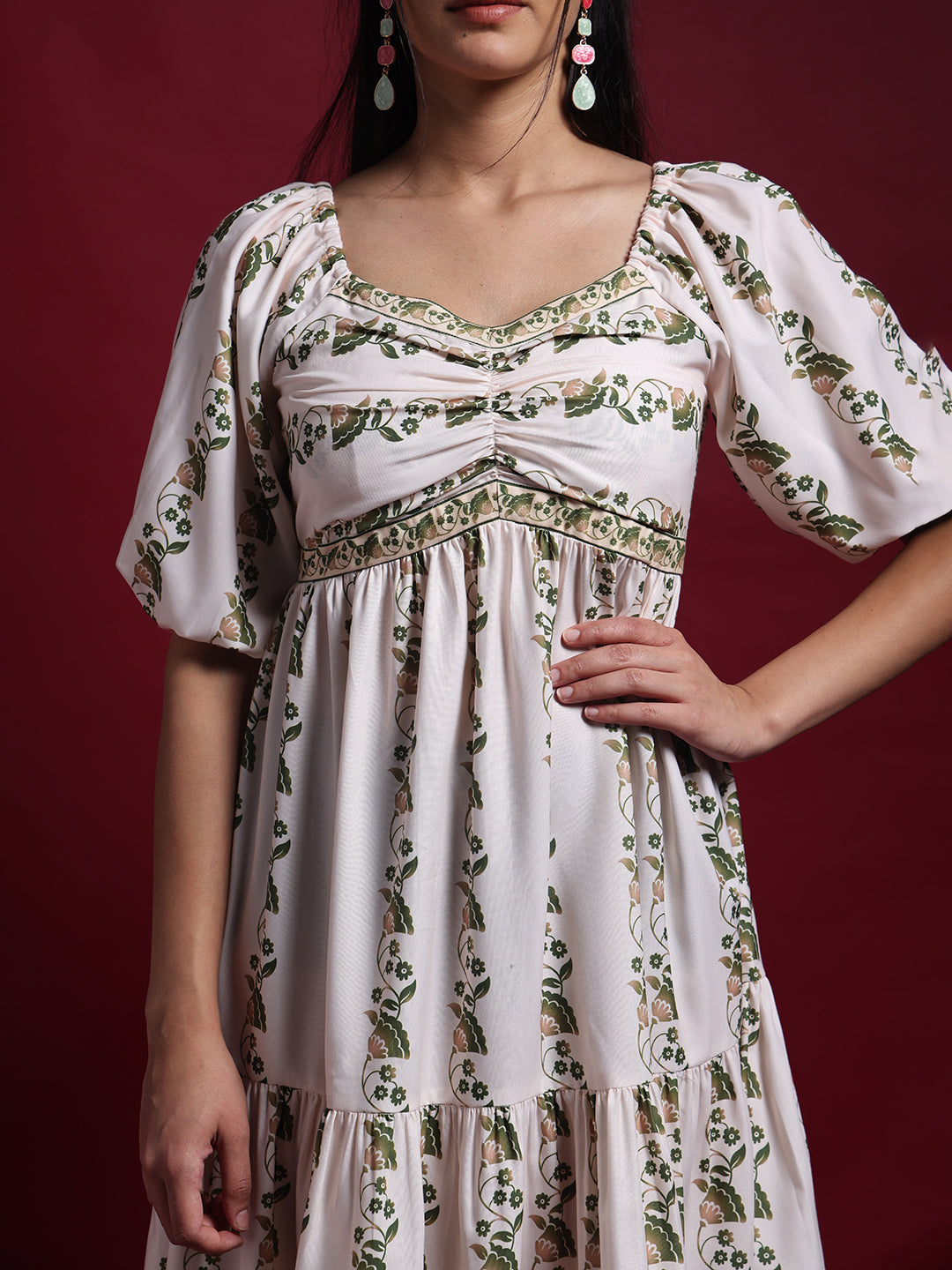 White Floral Printed Tiered Midi Dress