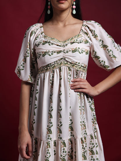 White Floral Printed Tiered Midi Dress