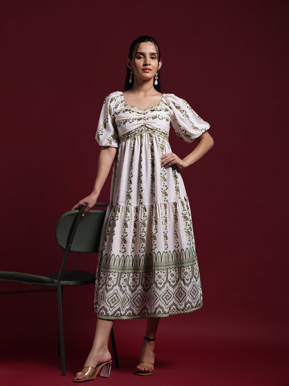 White Floral Printed Tiered Midi Dress
