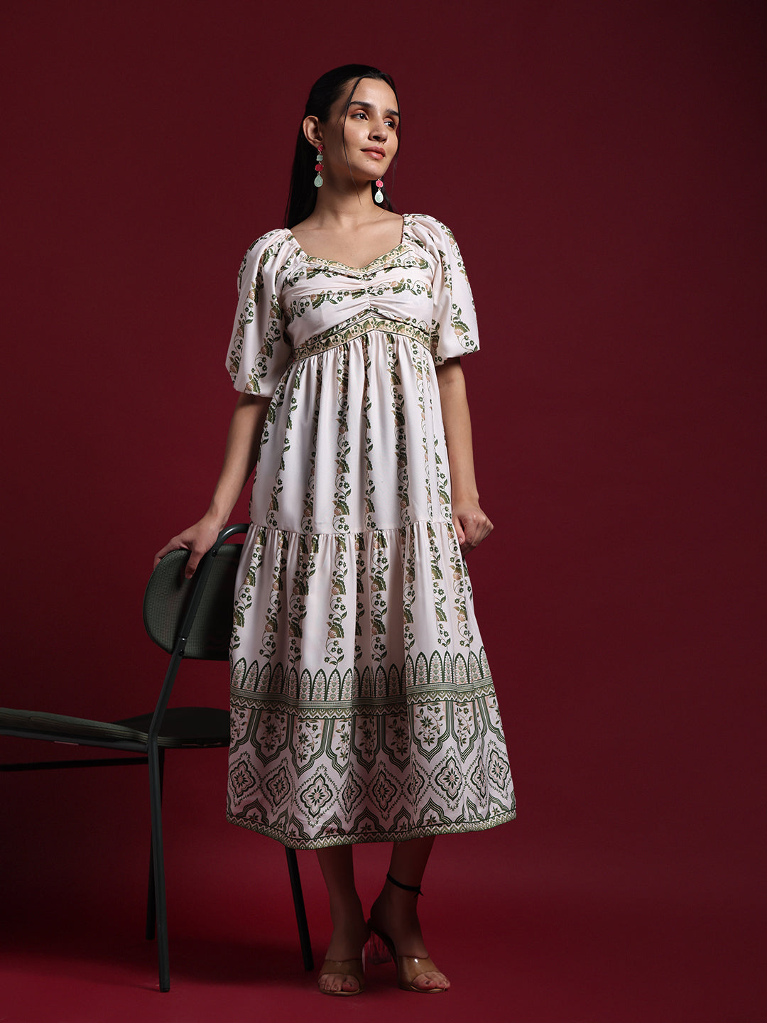 White Floral Printed Tiered Midi Dress