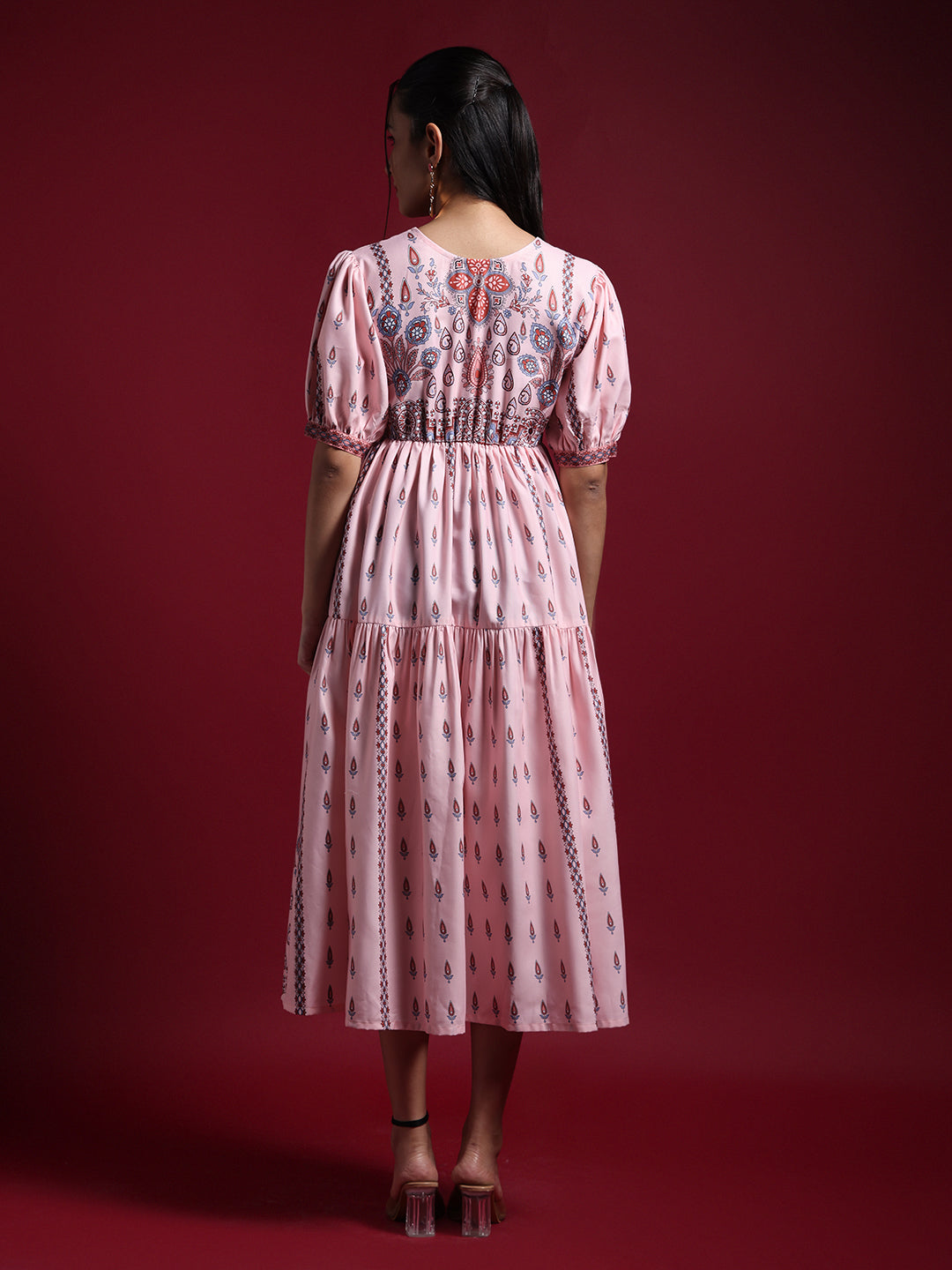 Women Pink Printed Puff Sleeve Fit & Flare Midi Dress
