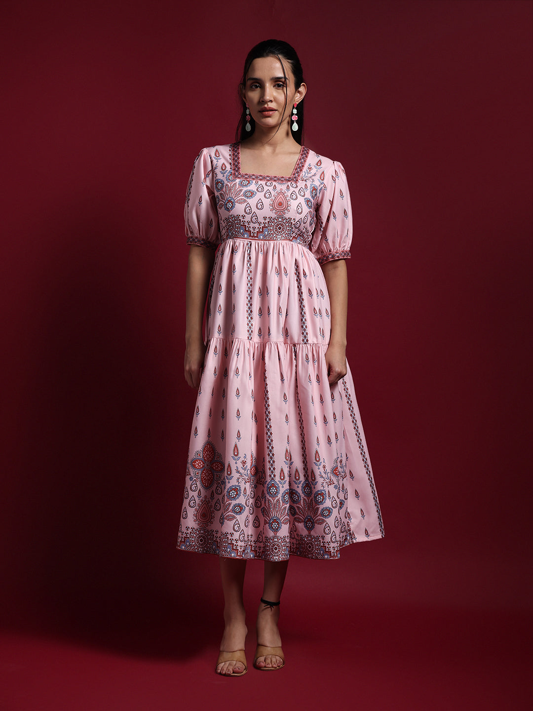 Women Pink Printed Puff Sleeve Fit & Flare Midi Dress