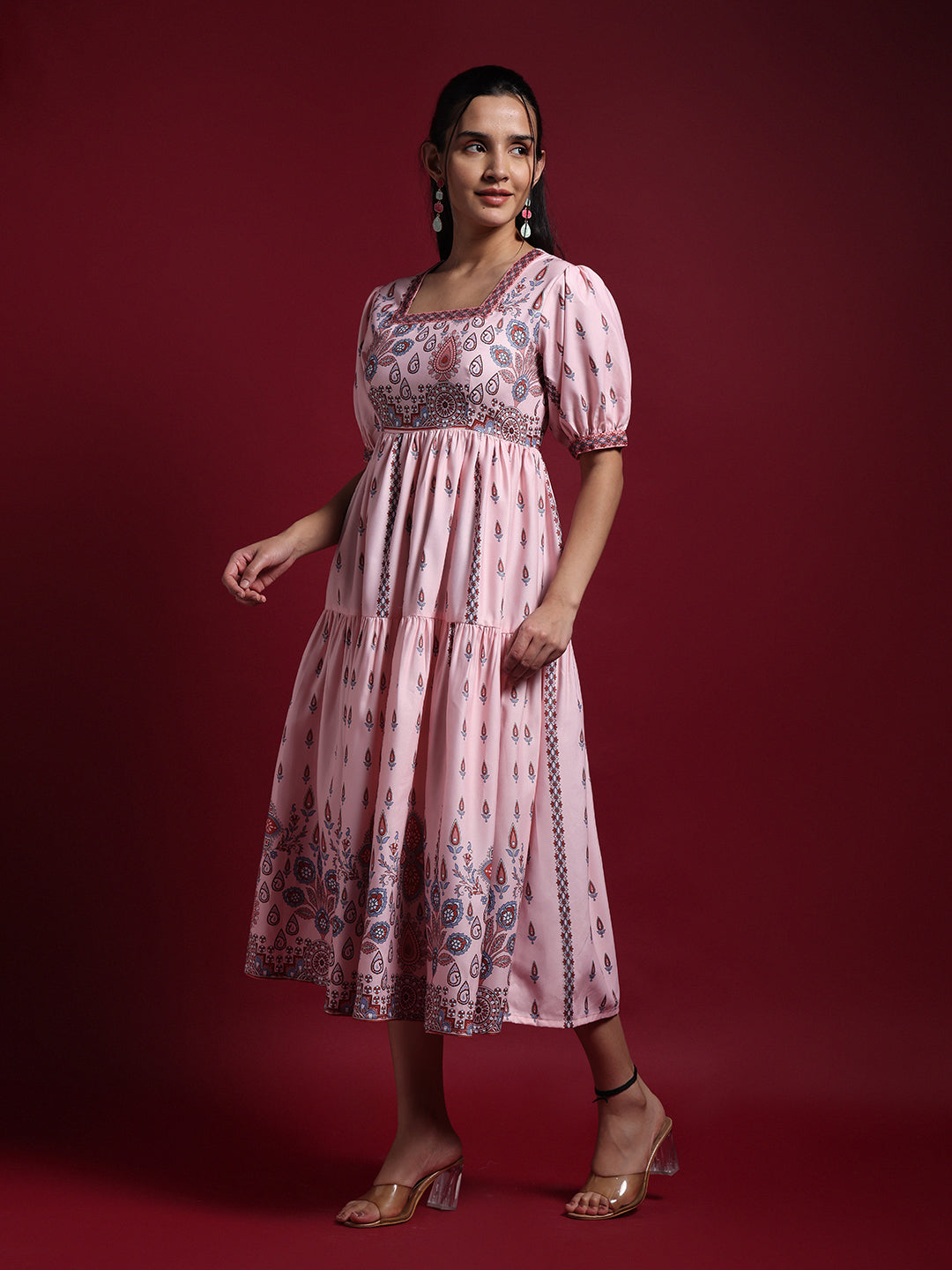 Women Pink Printed Puff Sleeve Fit & Flare Midi Dress