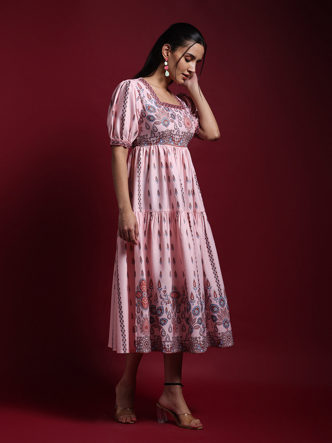 Women Pink Printed Puff Sleeve Fit & Flare Midi Dress