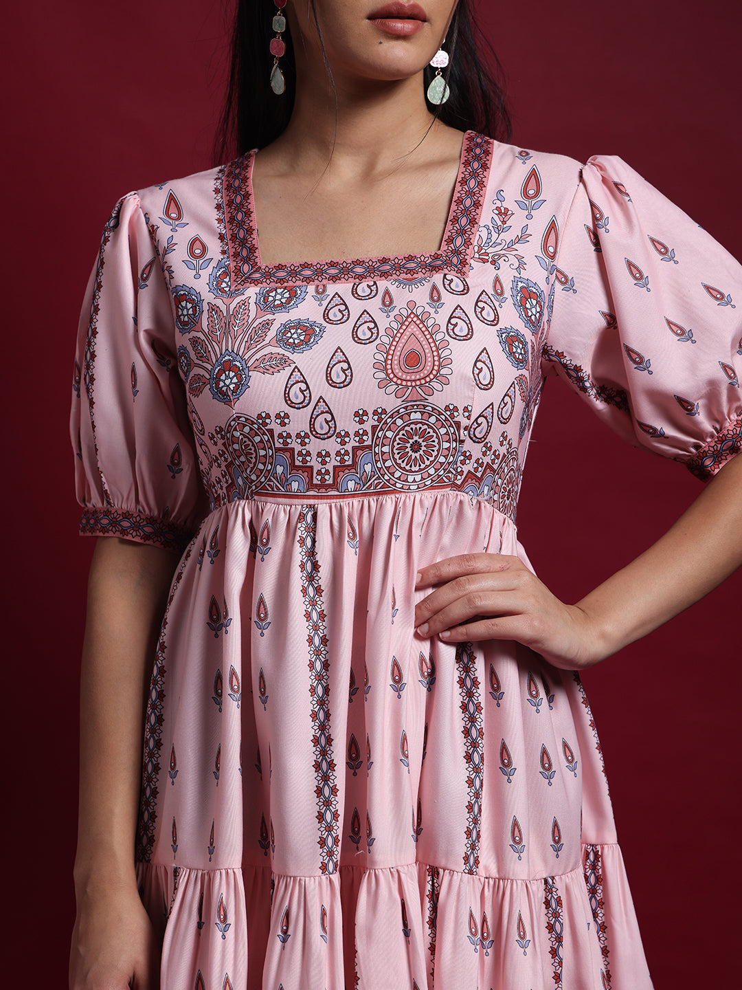 Women Pink Printed Puff Sleeve Fit & Flare Midi Dress