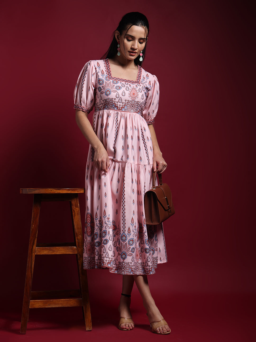 Women Pink Printed Puff Sleeve Fit & Flare Midi Dress