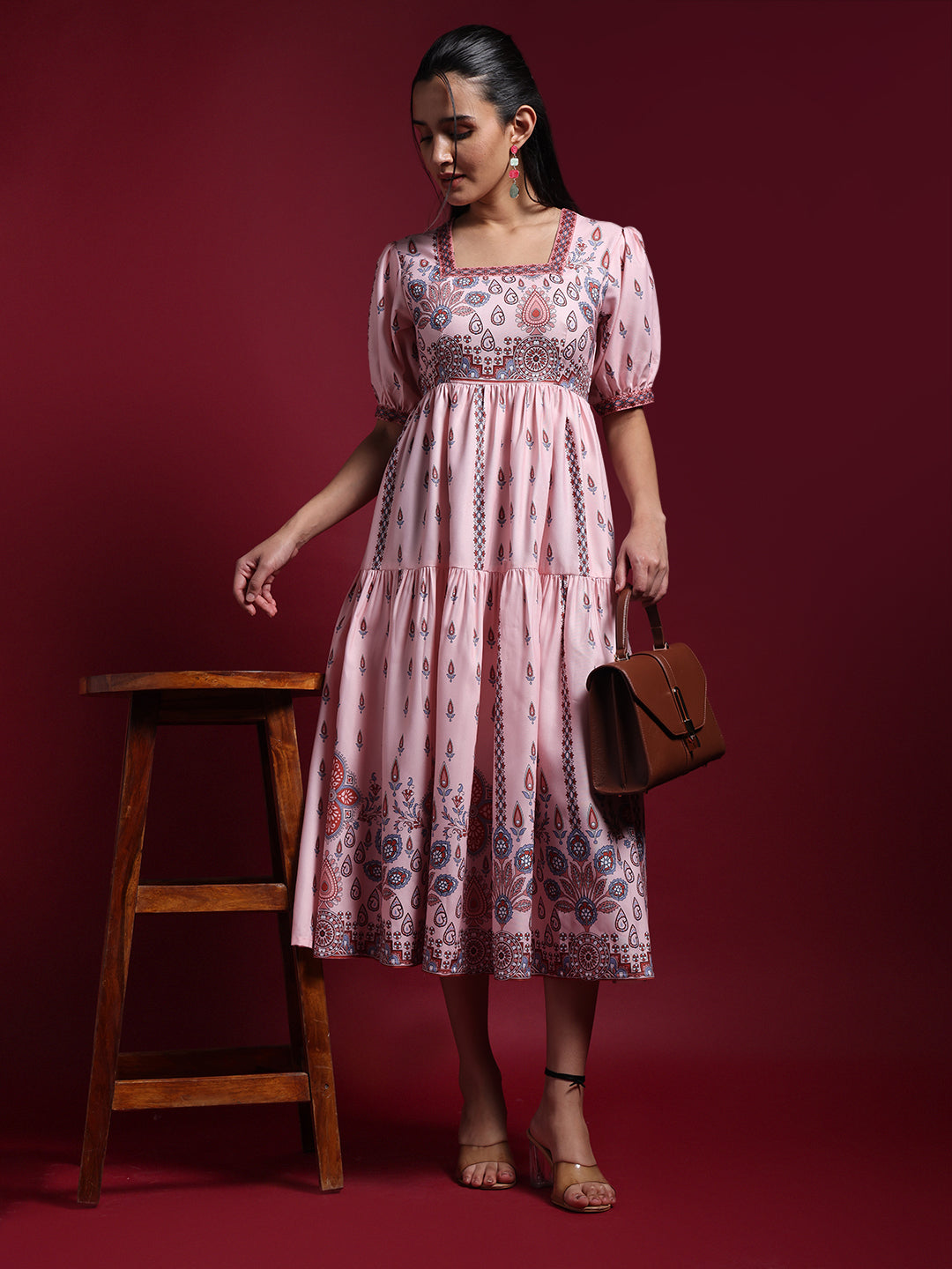Women Pink Printed Puff Sleeve Fit & Flare Midi Dress