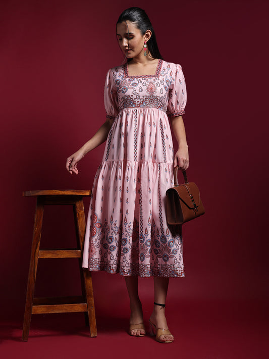 Women Pink Printed Puff Sleeve Fit & Flare Midi Dress